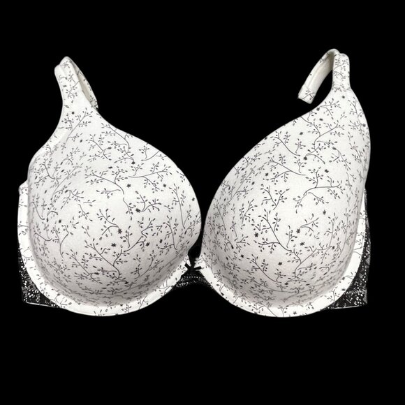 Cacique Floral Print Plunge T-Shirt Bra – 40F, Padded, White & Black - Picture 1 of 7